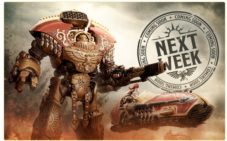 A large ornate battle robot wields a weapon beside a red tank like vehicle on a dusty battlefield with a Next Week stamp in the background indicating an upcoming release