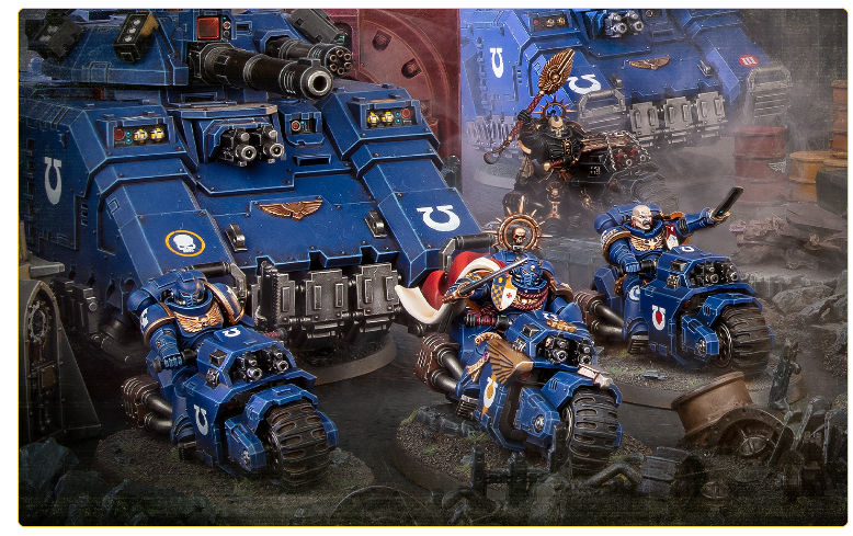 Blue armored battle scene with large blue tanks and smaller walkers battle ready figures charge across a smoky war torn terrain