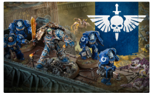 Blue armored Space Marines advance across a ruined battlefield with a large winged skull banner in the background