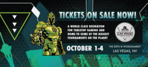 Promotional gaming tournament banner Tickets on Sale Now for October 14 in Las Vegas featuring a green armored character and bold event text