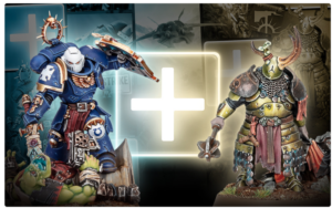 Blue armored warrior and horned gold knight square off in a fantasy battle with a glowing white cross hovering between them