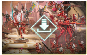 Tabletop wargaming battle scene with red-armored soldiers and winged units; neon diamond download icon centered.