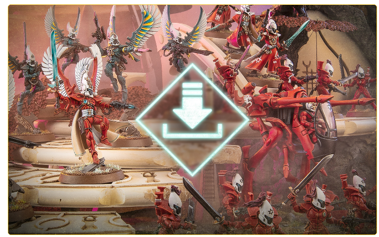 Tabletop wargaming battle scene with red armored soldiers and winged units neon diamond download icon centered