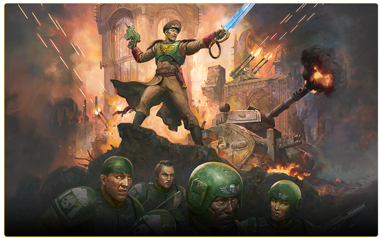 Heroic commander stands on rubble sword raised and pistol drawn amid tanks and blazing city as green armored troops guard the foreground
