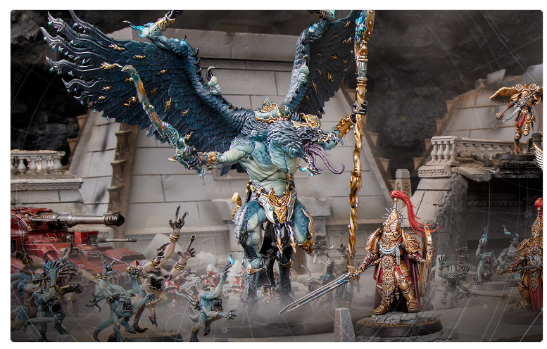 Tabletop diorama of a fantasy battle a large blue winged demon towers over armored warriors amid ruins