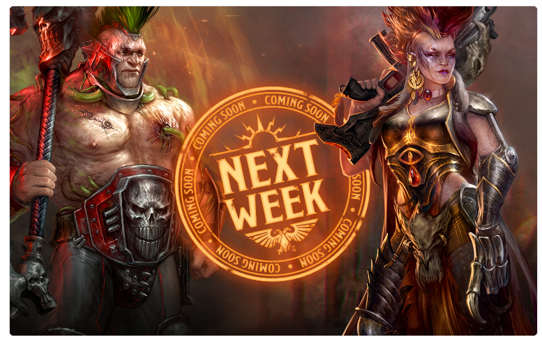 Two fierce fantasy characters flank a glowing circular sign that says NEXT WEEK with a fiery ominous background