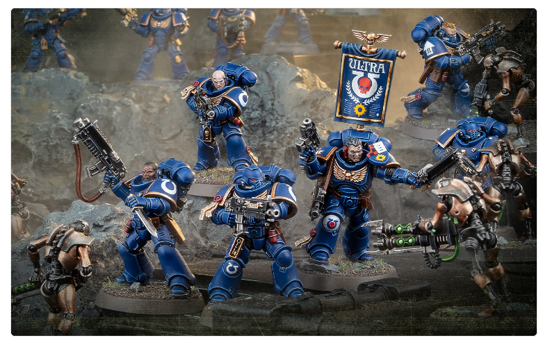 Screenshot 20260831 112758 Frontline Gaming Tabletop sci fi battle scene with blue Ultramarines fighting on rocky terrain raised figures aiming heavy weapons Banner reads ULTRA in the background