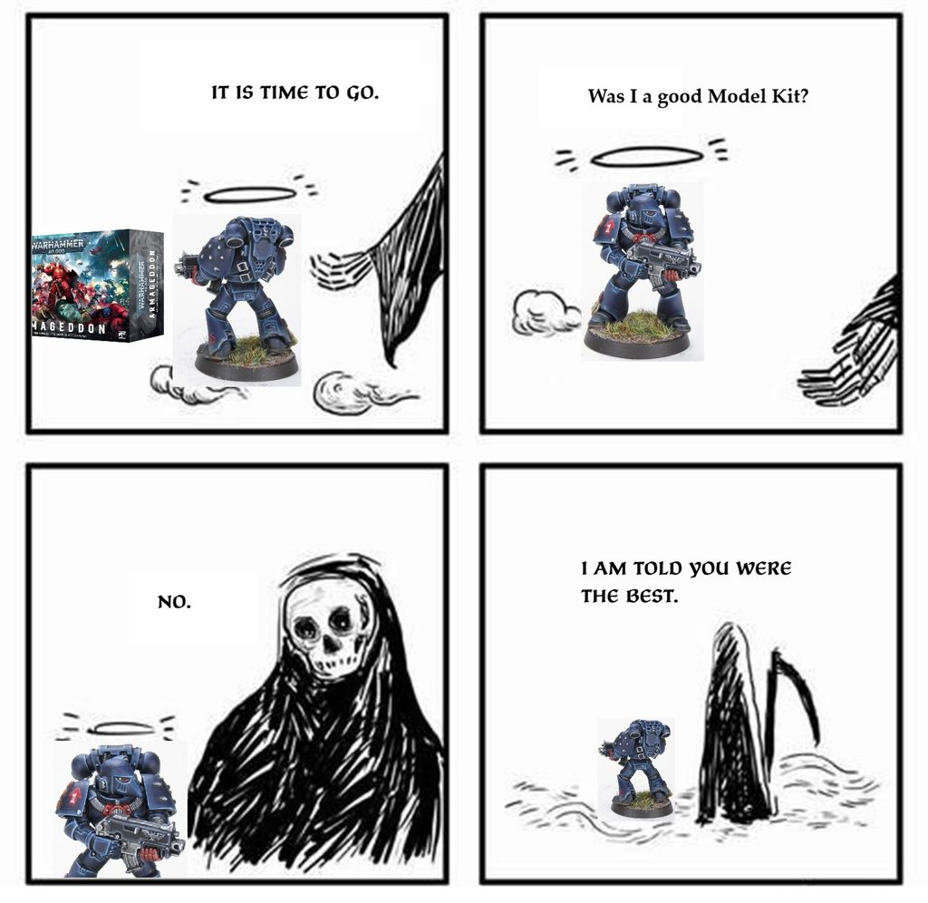 Comic strip A Space Marine model stands before a shadowy winged figure with the caption It is time to go
