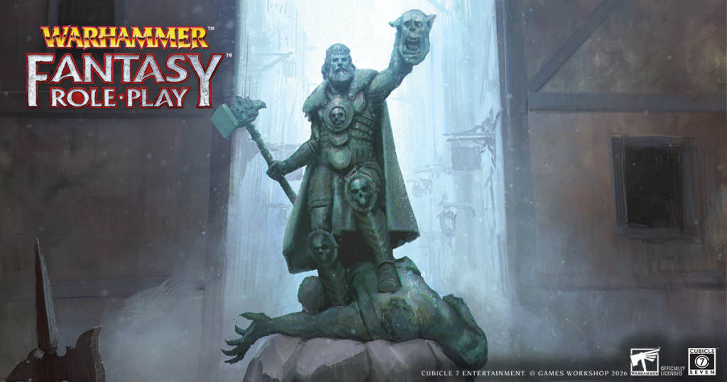 Promotional art for Warhammer Fantasy Roleplay featuring a heavily armored warrior statue standing on a defeated monster in a snowy alley