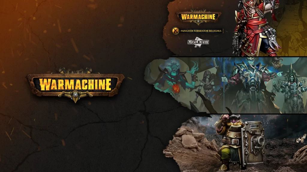 Promotional banner for the game Warmachine with armored characters and logo on a cracked battlefield backdrop