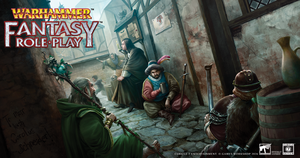 WarhammerFantasyRoleplayFifthEditionC7ComingSoon Frontline Gaming Warhammer Fantasy Roleplay cover art showing a cobbled alley with adventurers elf archer robed mage dwarf with a staff and armored warrior