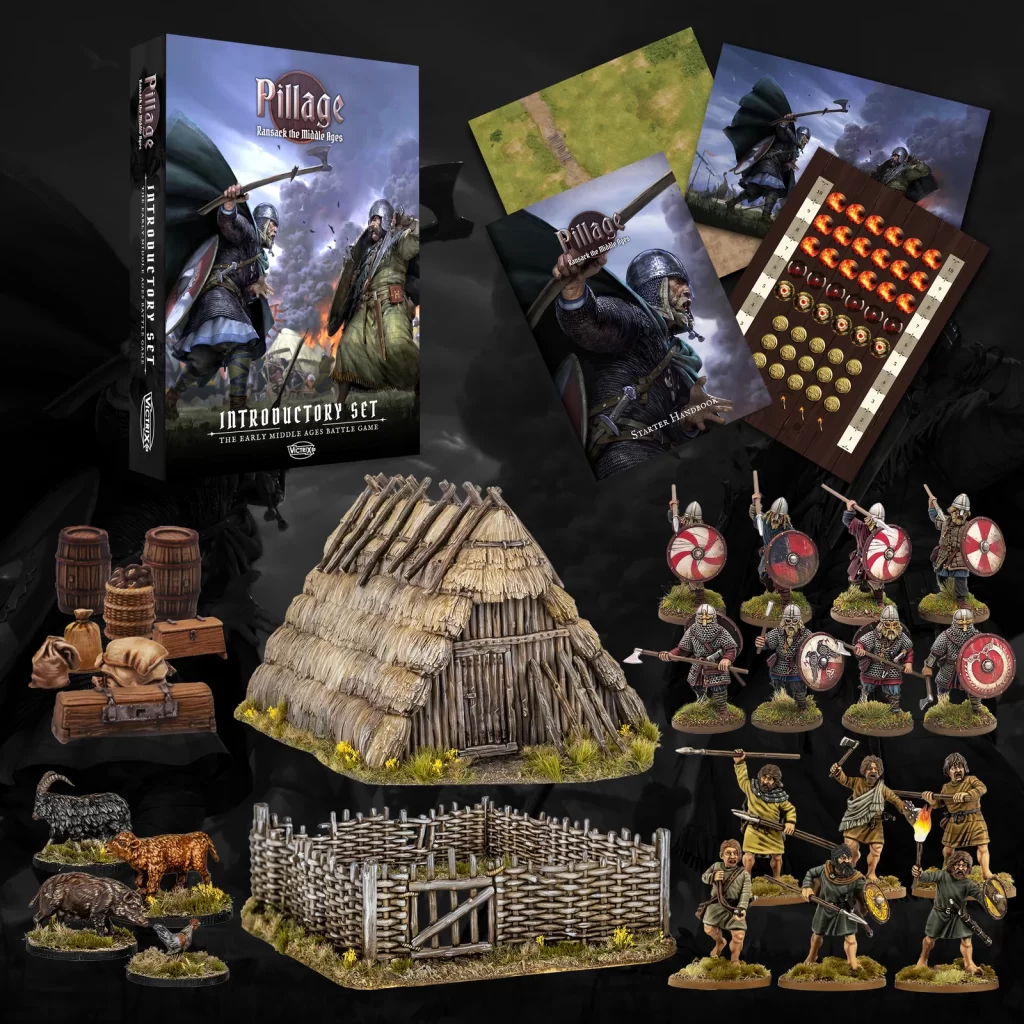 a1 Frontline Gaming Pillage Introductory Set box with fantasy battle scene surrounded by game components like a starter handbook map boards miniatures and modular terrain pieces