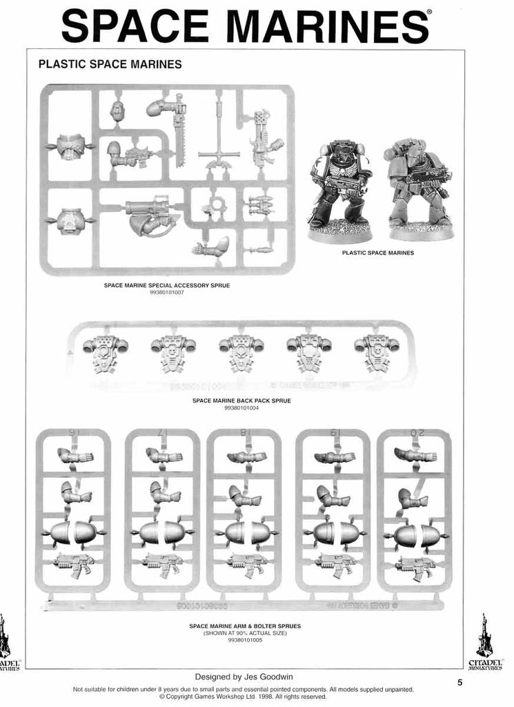 Sprue sheets with Space Marines parts plus two assembled figures labeled Plastic Space Marines on a kit catalog page