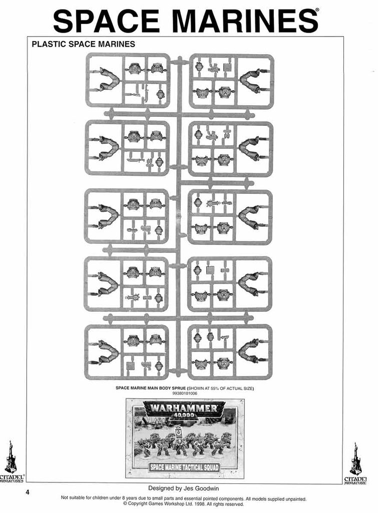 Sprue frames showing Space Marines miniatures parts from a Warhammer 40000 kit with body and weapon components arranged for assembly