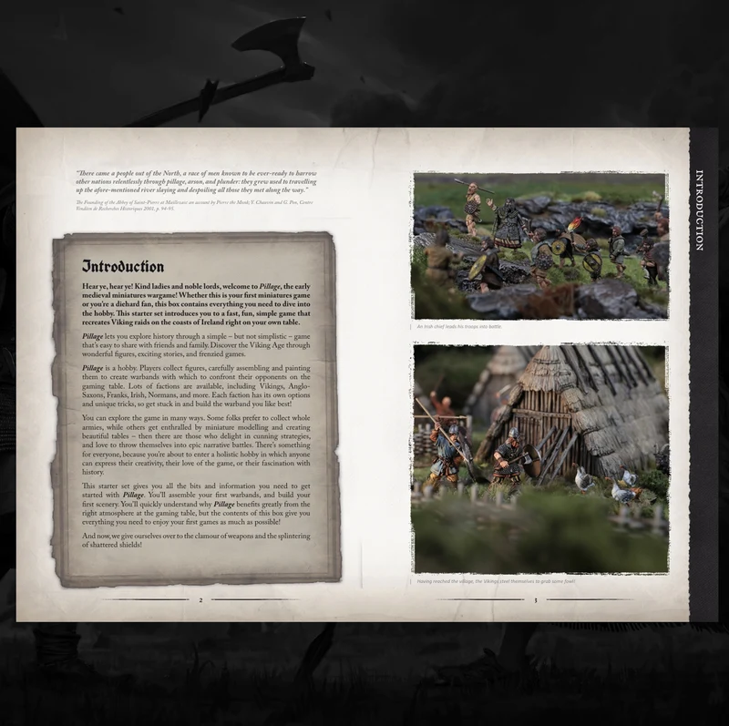 a2 Frontline Gaming Two page spread from a game booklet left page has an Introduction paragraph right page shows two Viking miniature photos in outdoor scenes