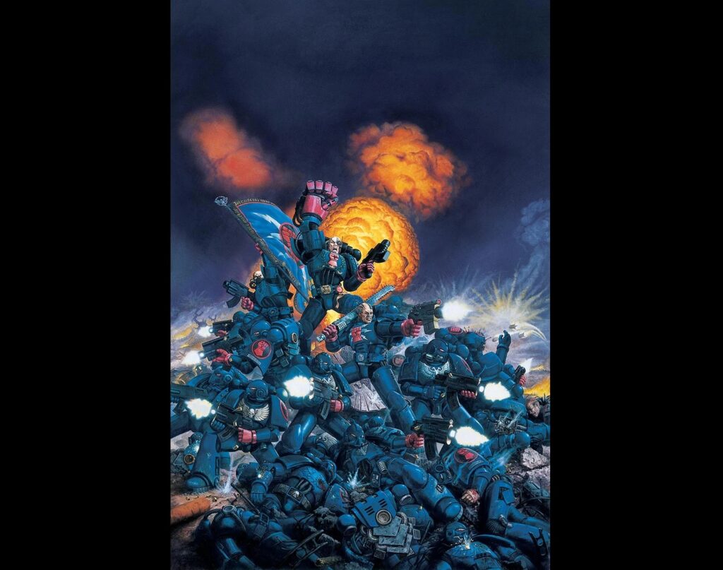 Blue armored soldiers surge forward in a chaotic battle an orange explosion blooming behind them