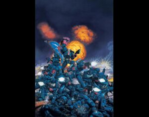 Blue armored soldiers surge forward in a chaotic battle an orange explosion blooming behind them