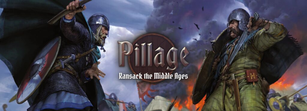 Cover Frontline Gaming Two armored warriors duel with swords and shields under a stormy sky game title Pillage Ransack the Middle Ages centered between them