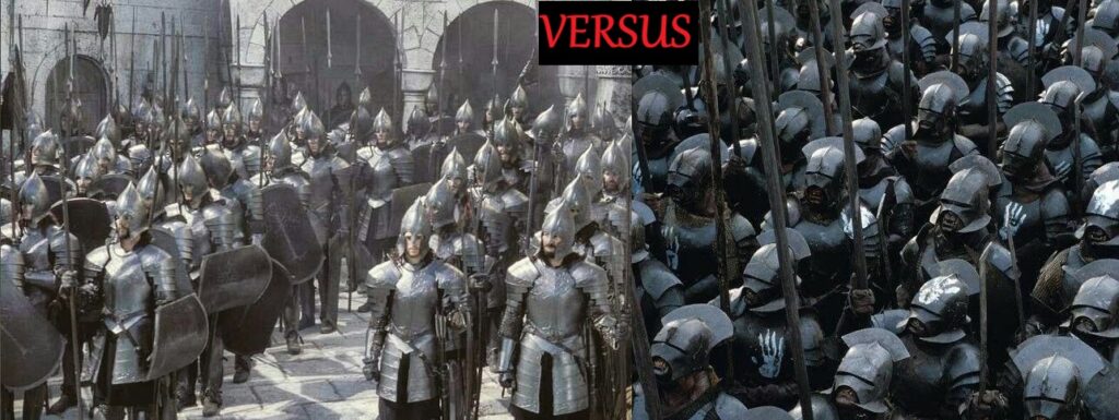 Two opposing armies medieval knights on the left and modern infantry on the right with VERSUS at the center