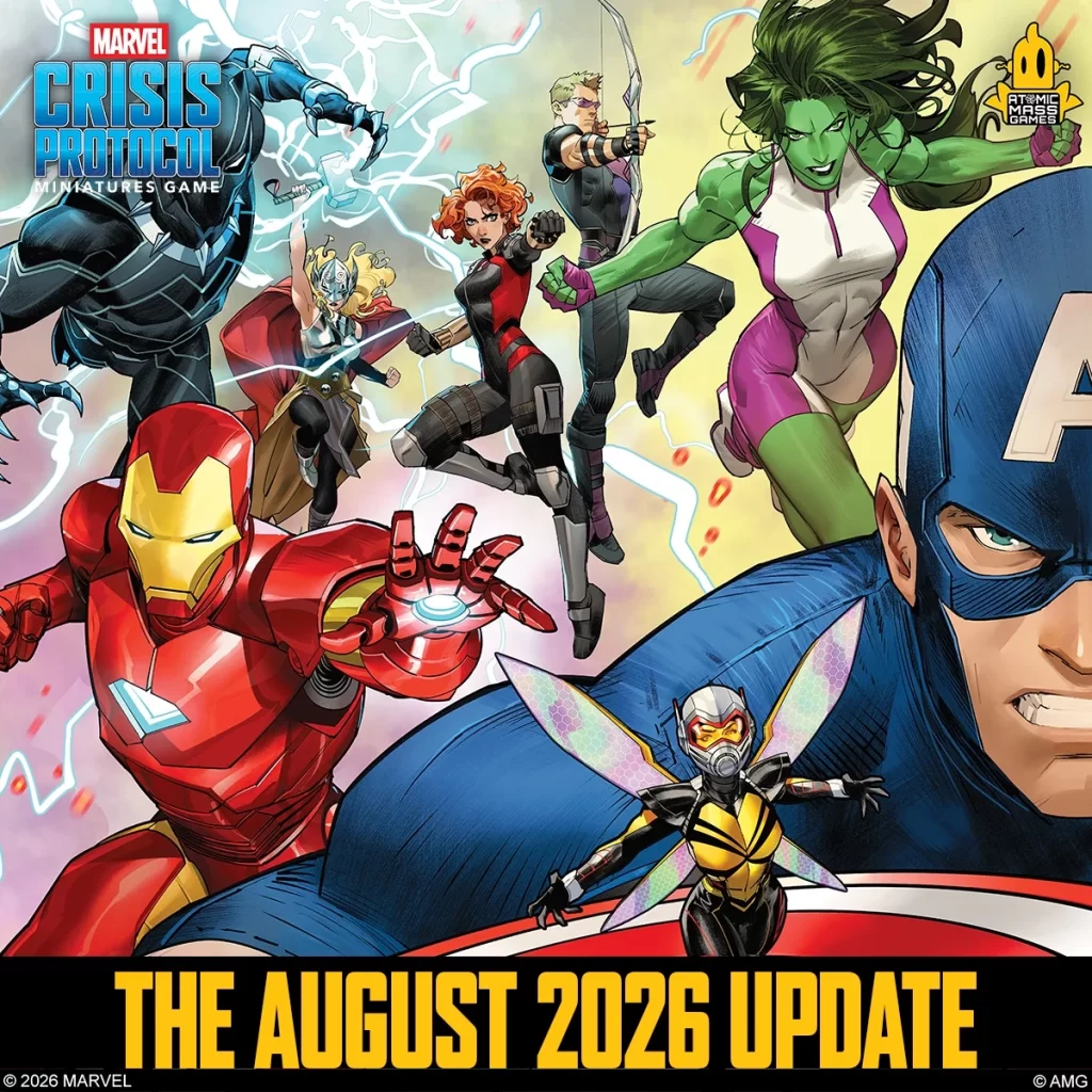 august update Frontline Gaming Cover art for Marvel Crisis Protocol a team of Avengers and X Men charging forward with The August 2026 Update at the bottom