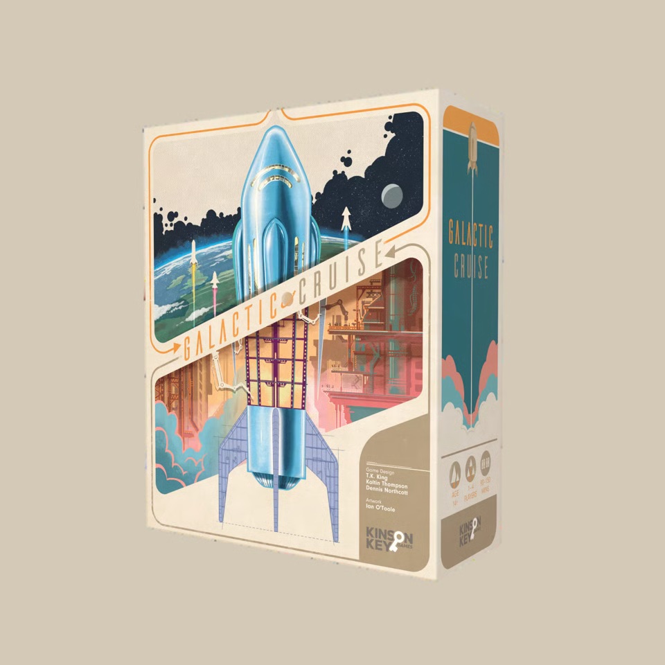 Retro toy packaging for a Galactic Cruise kit featuring a blue rocket against a space scene