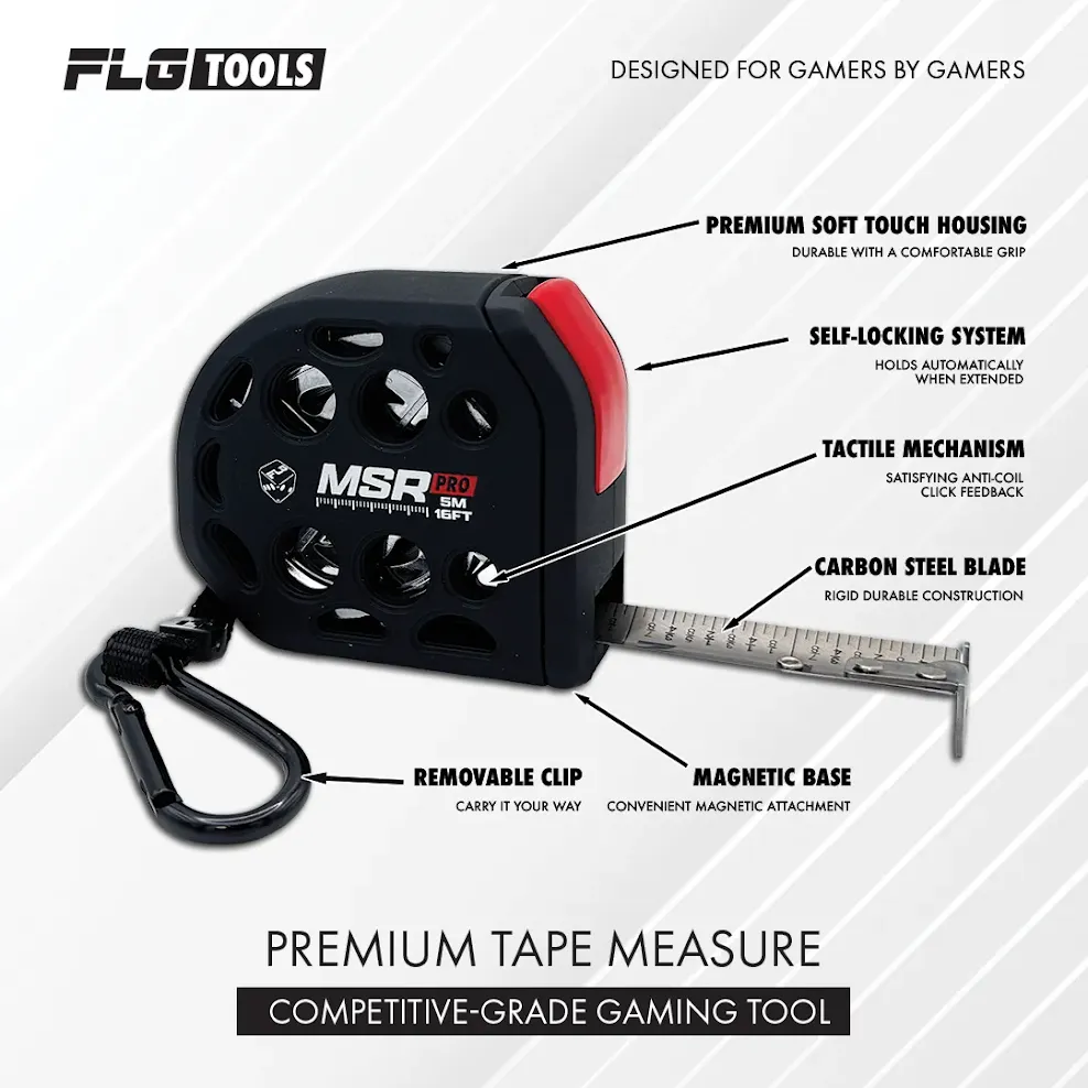 flgtapemeasure4 Frontline Gaming Infographic of a tape measure with MSR Pro showing features premium soft touch housing self locking system tactile mechanism carbon steel blade removable clip magnetic base FLG Tools branding