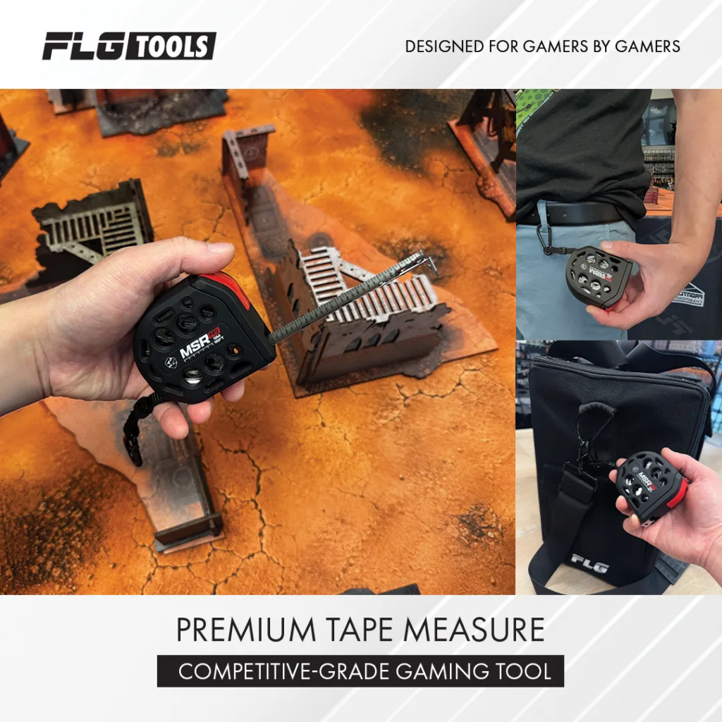 flgtapemeasure5 Frontline Gaming Collage promoting FLG Tools premium tape measure showing the retractable tape over a terrain diorama plus the tool and carrying case
