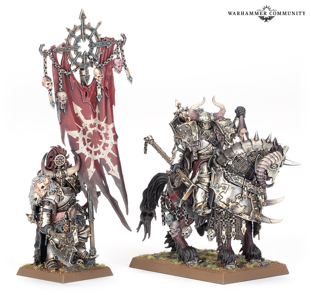 image Frontline Gaming Two Chaos Knight miniatures in detailed silver armor with a large tattered red banner displaying a white symbol on battle bases with skulls and chainsWarhammer style