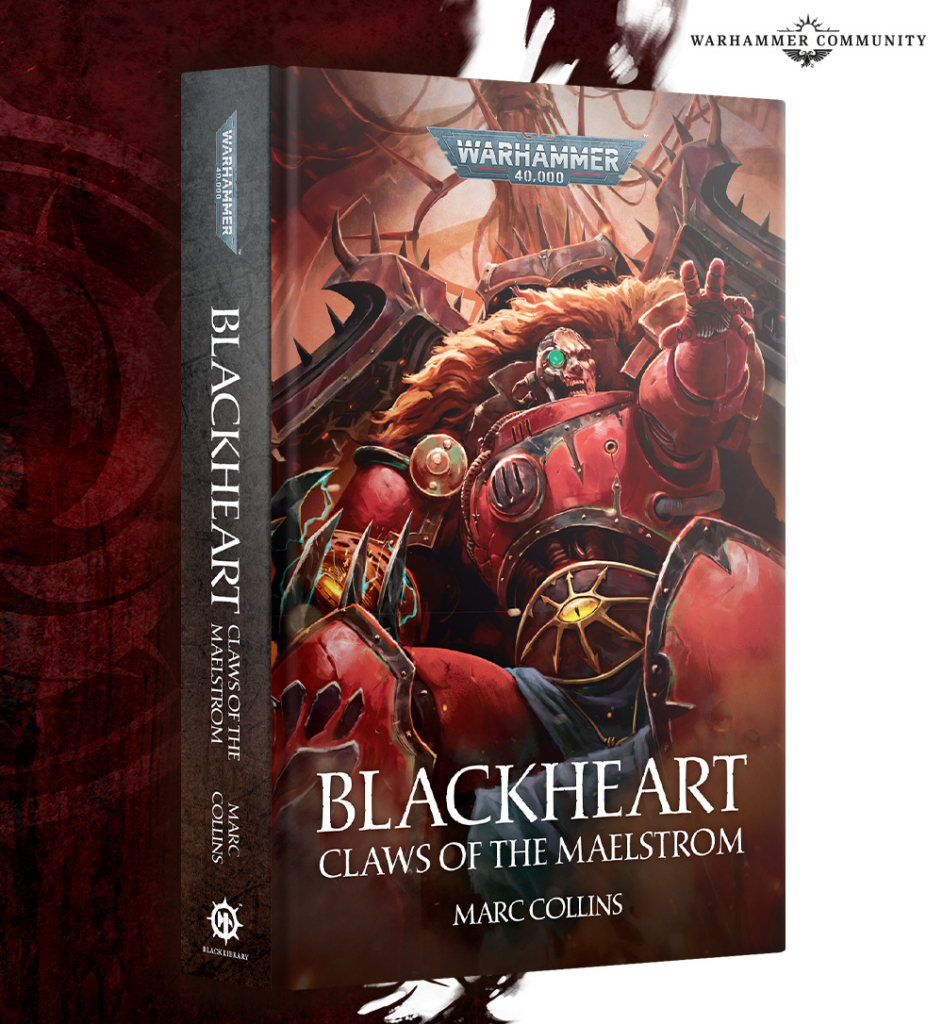 image Frontline Gaming Book cover for Blackheart Claws of the Maelstrom by Marc Collins showing a red armored warrior in a dynamic battle pose with flames in the background Warhammer 40000