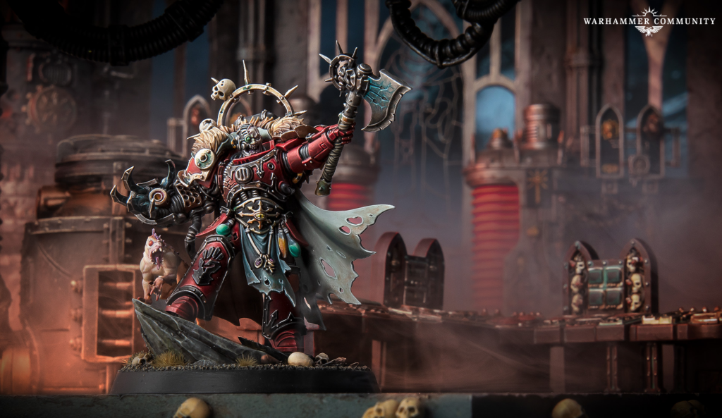 image Frontline Gaming Warhammer miniature of a Chaos lord in red armor wielding a spiked axe standing on a ruined base with skulls