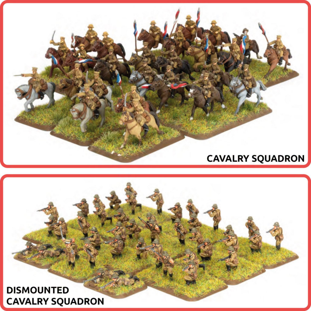 Diorama of a dismounted cavalry squadron with soldiers on horseback and on foot on grassy bases flags waving a battle scene