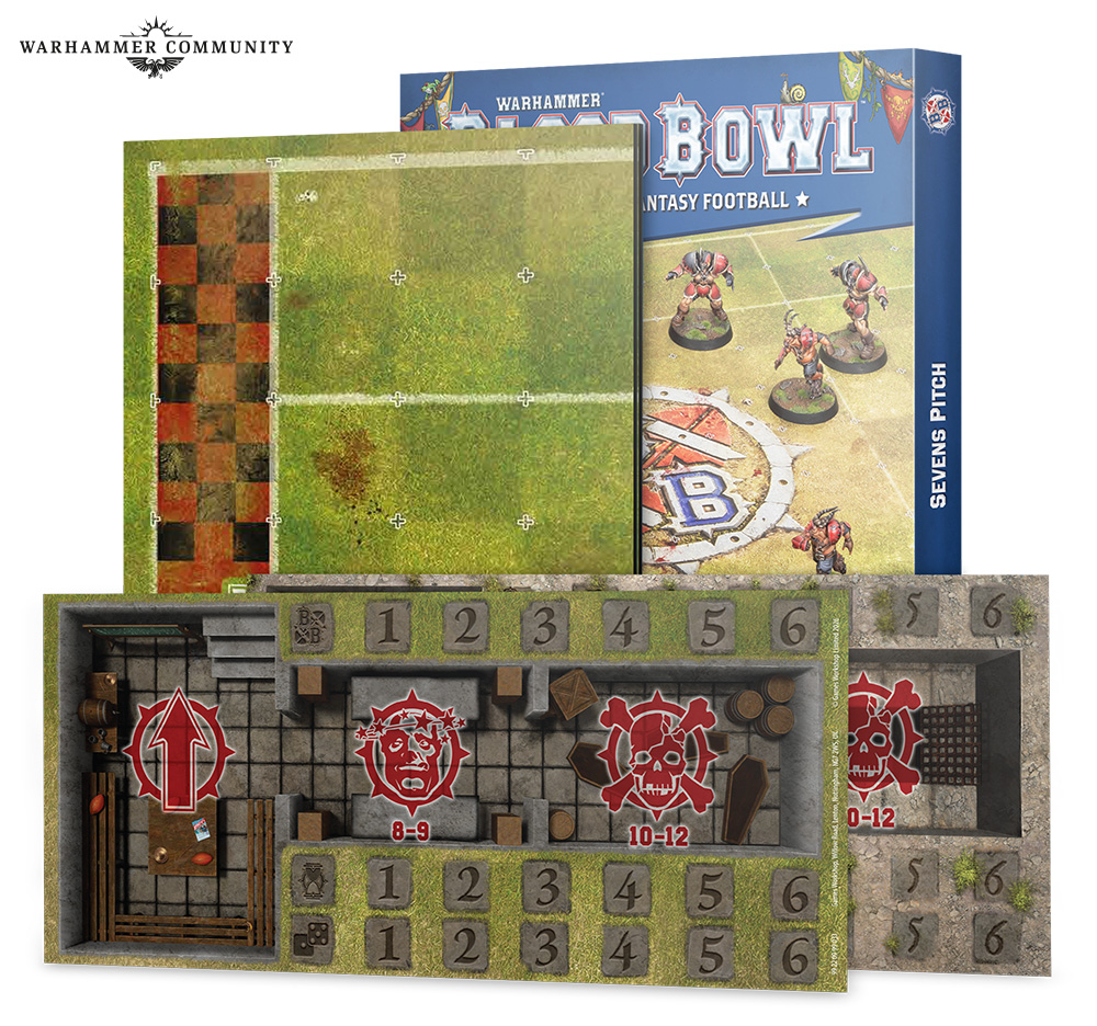 image Frontline Gaming Blood Bowl tabletop setup with a blue game box grassy pitch tiles and modular dungeon boards for a fantasy football game