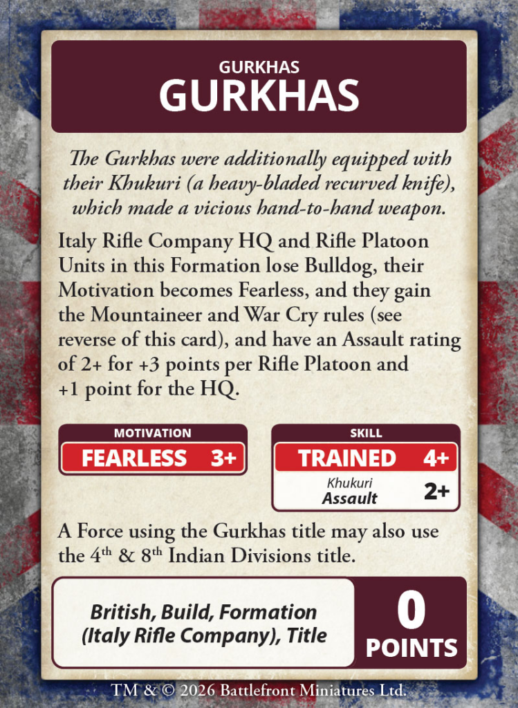 Gurkhas game card with title flavor text about Khukuri and unit rules and stat blocks reading Fearless 3+ and Trained 4+  2+