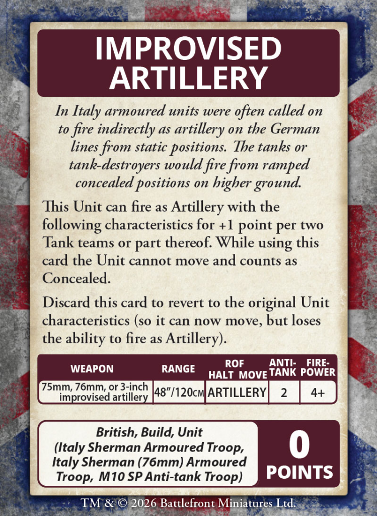 Info card for an improvised artillery unit in a tabletop game includes weapon options range anti tank firepower and points