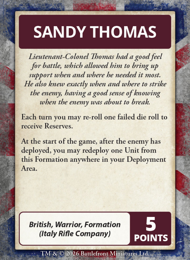 Character card Sandy Thomas with a maroon title bar descriptive text and bottom panel listing unit and 5 points