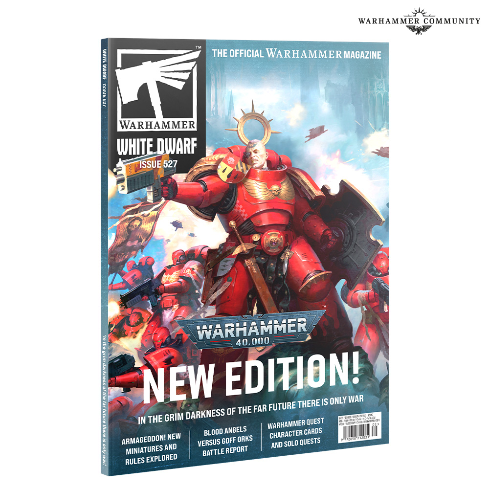 image Frontline Gaming Cover of Warhammer White Dwarf Issue 527 showing a red armored Space Marine and NEW EDITION text
