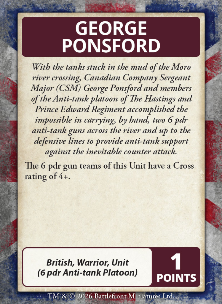 Game card for George Ponsford British Warrior Unit 6 pdr Anti tank Platoon Cross rating 4+ 1 point far right