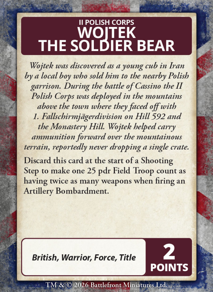 Info card about Wojtek the Soldier Bear with parchment background and maroon header describing his WWII story and 2 points badge at the bottom