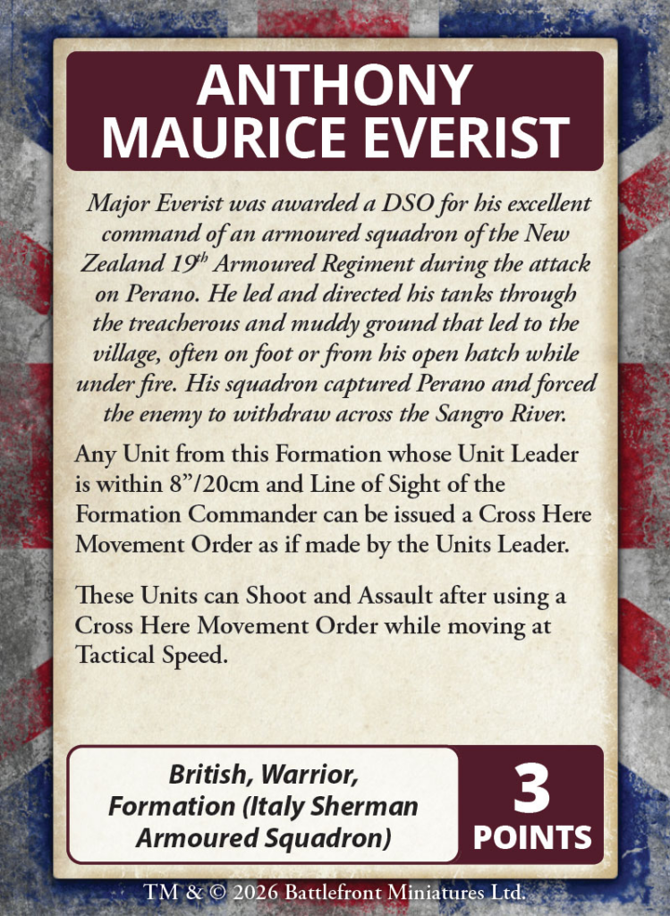 Card for Anthony Maurice Everist unit history text on a parchment style card with a maroon header and 3 points