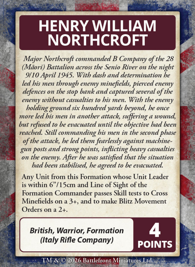 Profile style military card for Henry William Northcroft with a maroon header and descriptive text set on a parchment background over a flag motif