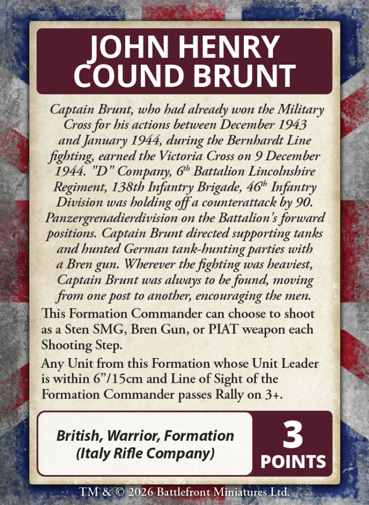 Informational card describing Captain Brunt and his WWII actions with a 3 points badge at the bottom right