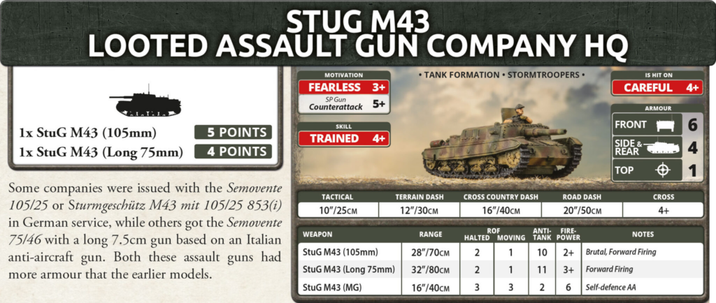 Infographic panel about Stug M43 looted assault gun company HQ with tank silhouette and stat blocks on a battlefield backdrop