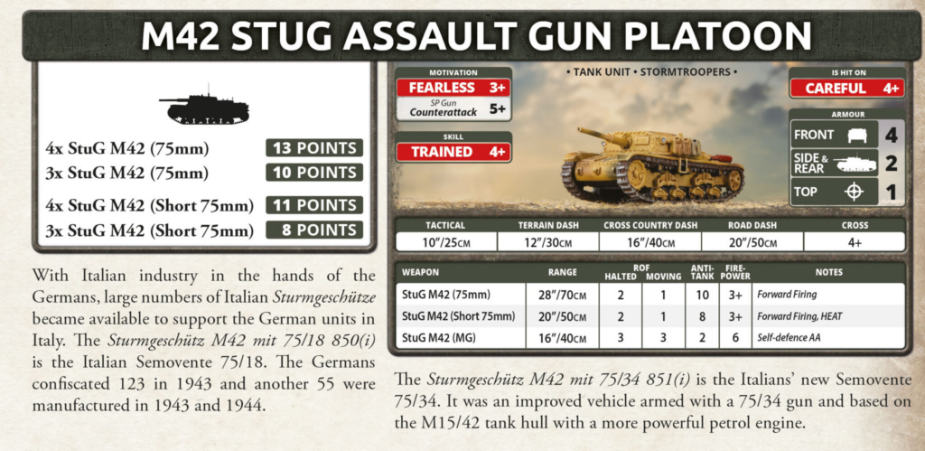 Infographic panel about the M42 Stug assault gun platoon showing unit composition points an army stat chart and a tank illustration beside data tables