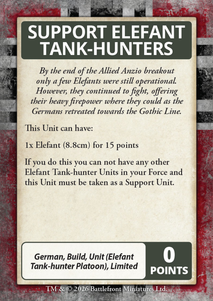 Card titled Support Elefant Tank Hunters with unit details and 0 points on a weathered parchment background