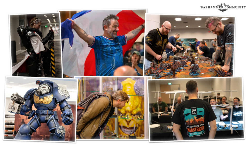 Collage from a Warhammer event showing hobbyists building painting and displaying miniatures at a convention