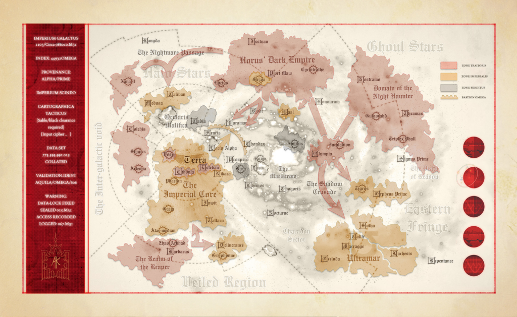 Detailed fantasy map of the Ghoul Stars region showing multiple labeled territories arrows and a red left navigation panel