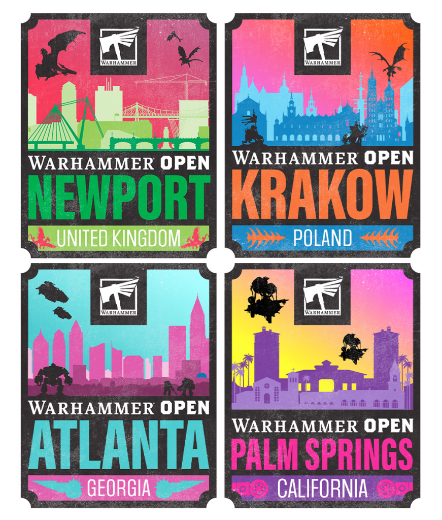 Warhammer Open Newport poster United Kingdom skyline in green with dragons and bridge elements beside the Warhammer logo