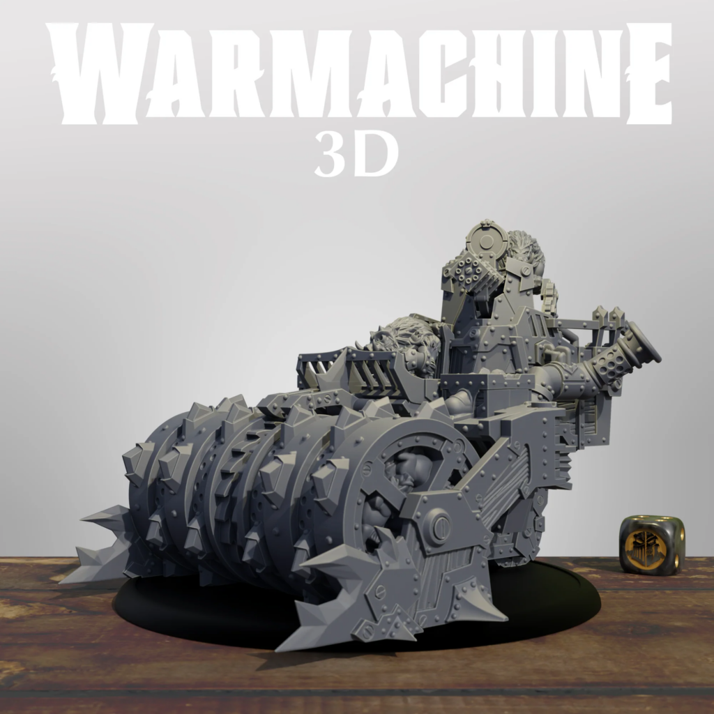 Large gray LEGO style war machine with spiked tracks and armor plates on a wooden surface with WAR MACHINE 3D title above