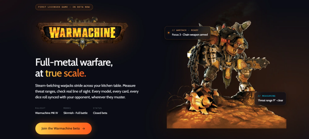 Hero banner for Warmachine game large mech creature on the right and bold whiteorange headline on the left