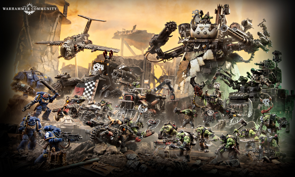 Epic Warhammer battle scene with numerous armored orks and human Space Marines clashing amid a ruined battlefield